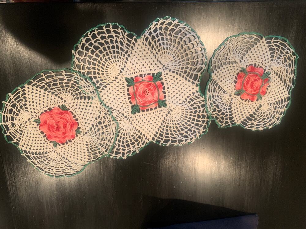 Vintage Hand Crochet Pink Rose Center Green Trim Handmade
